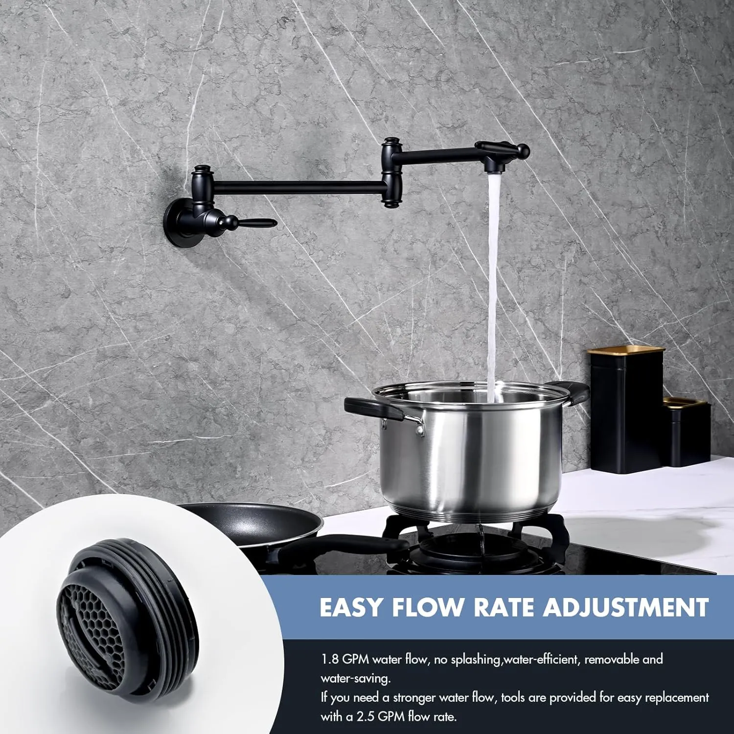 Pot Filler Faucet, Wall Mount Pot Faucets for Kitchen Sink with Double Reinforced Joint Swing Arms, Solid Brass Heavy Duty Folding Stove Faucet with 2 Handles (Matte Black)