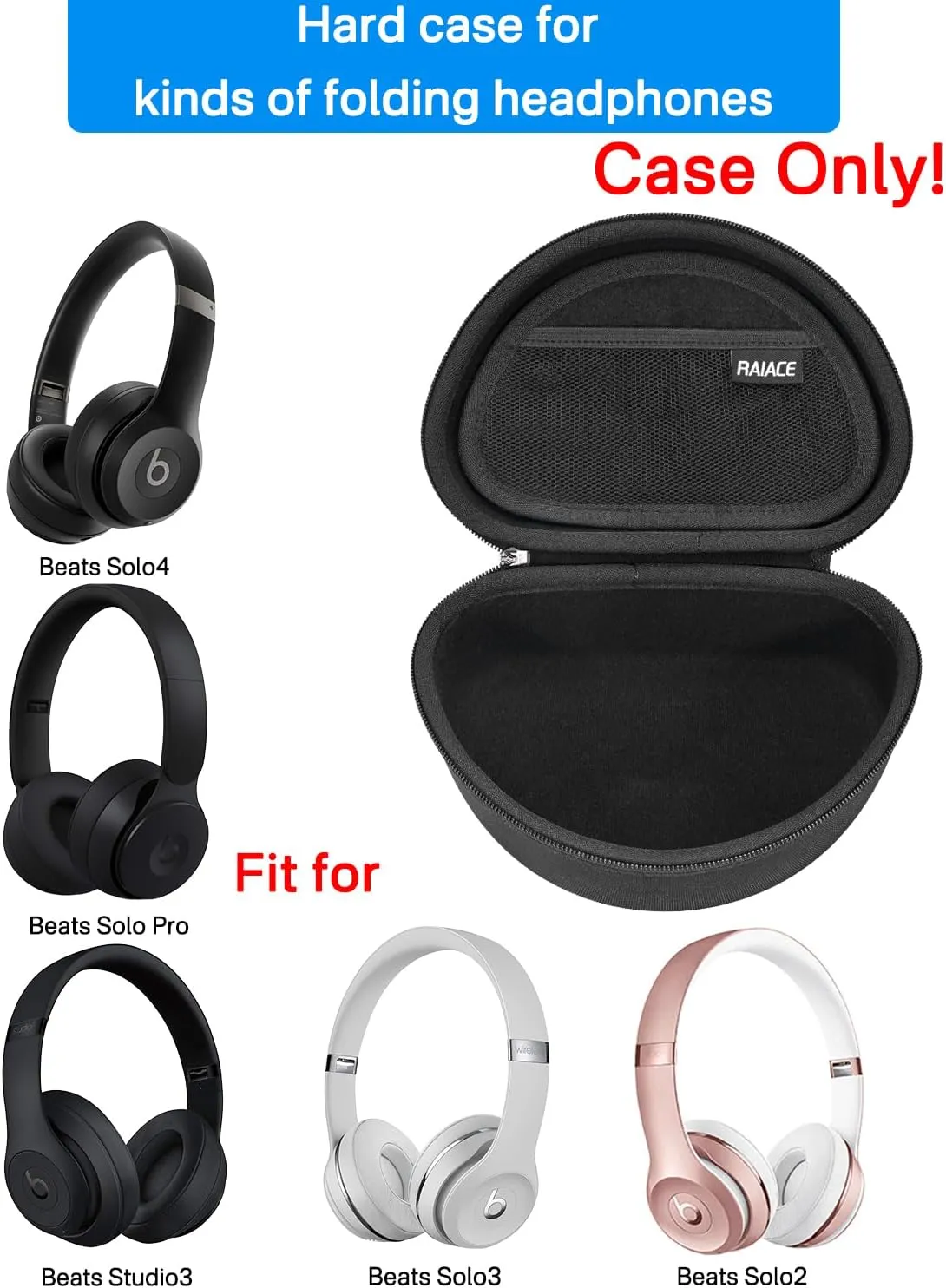 RAIACE Hard Travel Storage Case Compatible with Beats Solo 4 / Beats Studio Pro/Beats Solo 3 / Beats Studio 3 Headphones, Protective Carrying Bag. (case only)-Black