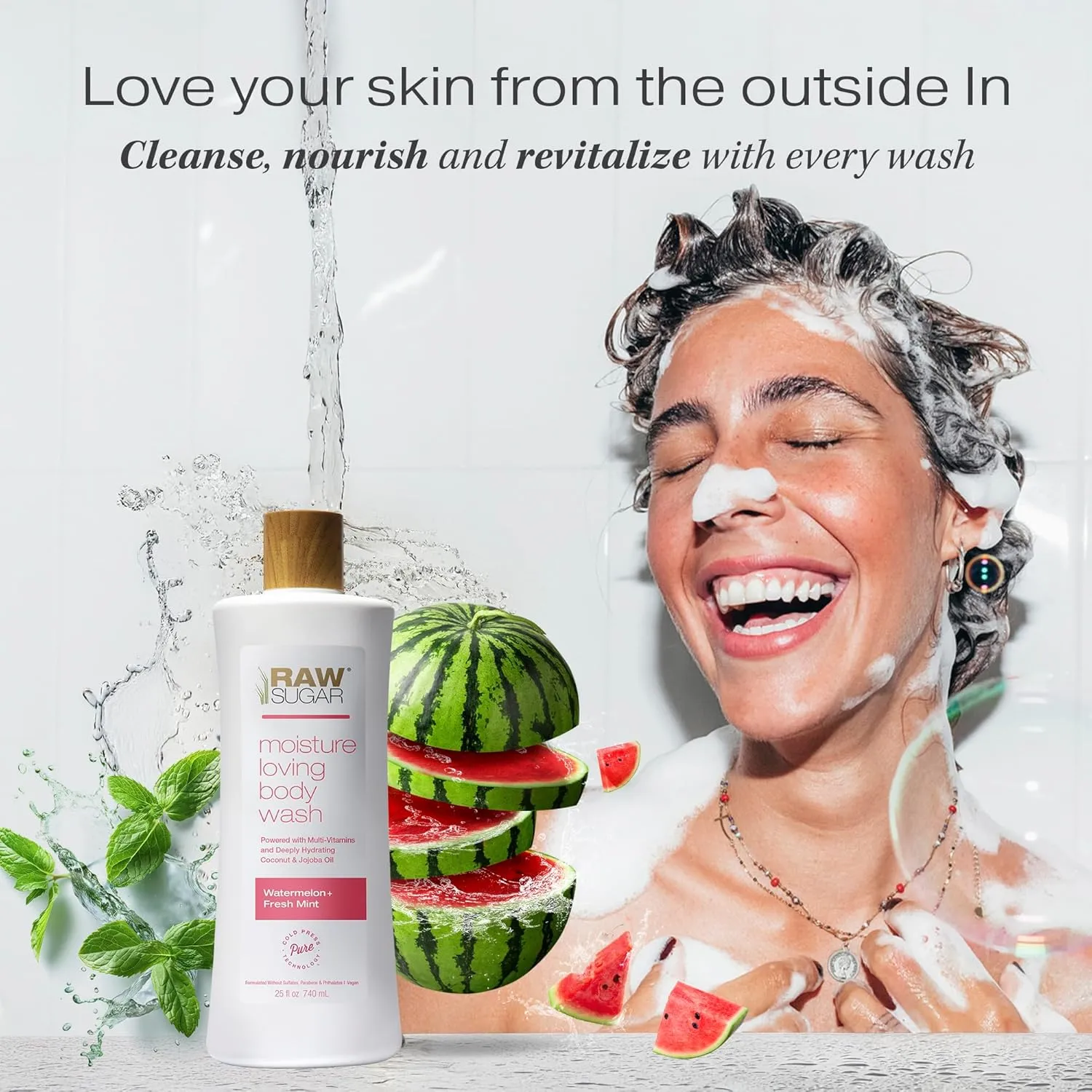 RAW SUGAR Moisture Loving Body Wash - Watermelon   Fresh Mint, Moisturizing & Refreshing Bath & Shower Gel, Sulfate-Free, Paraben-Free & Vegan (Pack of 3)
