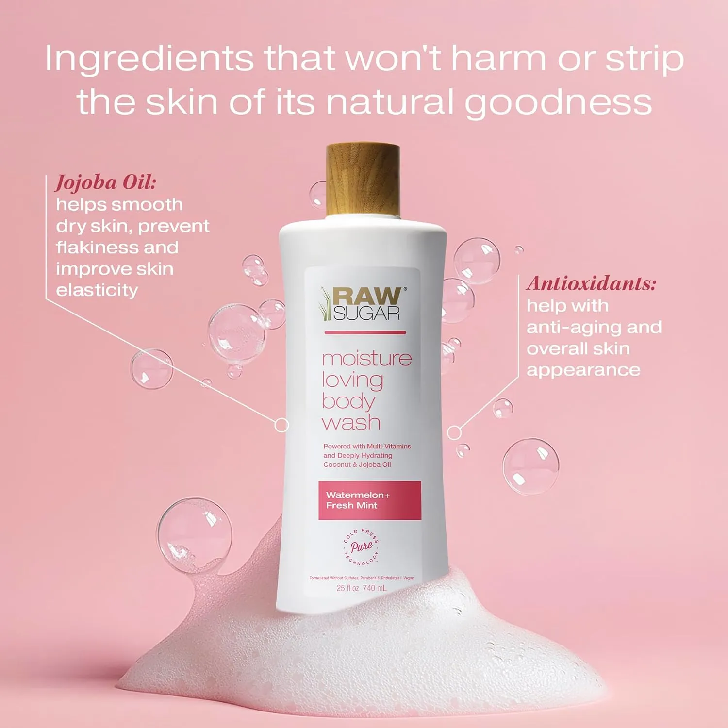 RAW SUGAR Moisture Loving Body Wash - Watermelon   Fresh Mint, Moisturizing & Refreshing Bath & Shower Gel, Sulfate-Free, Paraben-Free & Vegan (Pack of 3)