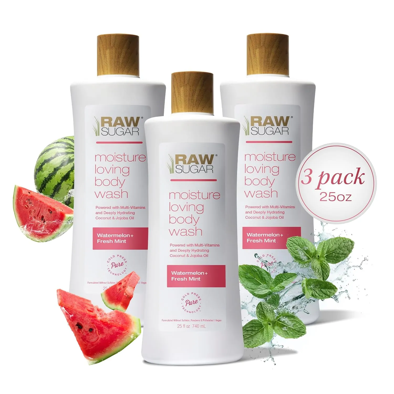 RAW SUGAR Moisture Loving Body Wash - Watermelon   Fresh Mint, Moisturizing & Refreshing Bath & Shower Gel, Sulfate-Free, Paraben-Free & Vegan (Pack of 3)