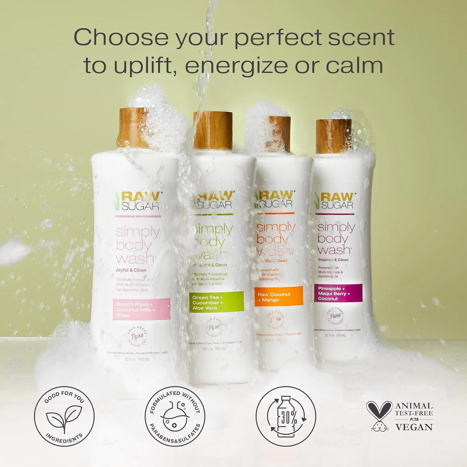 RAW SUGAR Moisture Loving Body Wash - Watermelon   Fresh Mint, Moisturizing & Refreshing Bath & Shower Gel, Sulfate-Free, Paraben-Free & Vegan (Pack of 3)