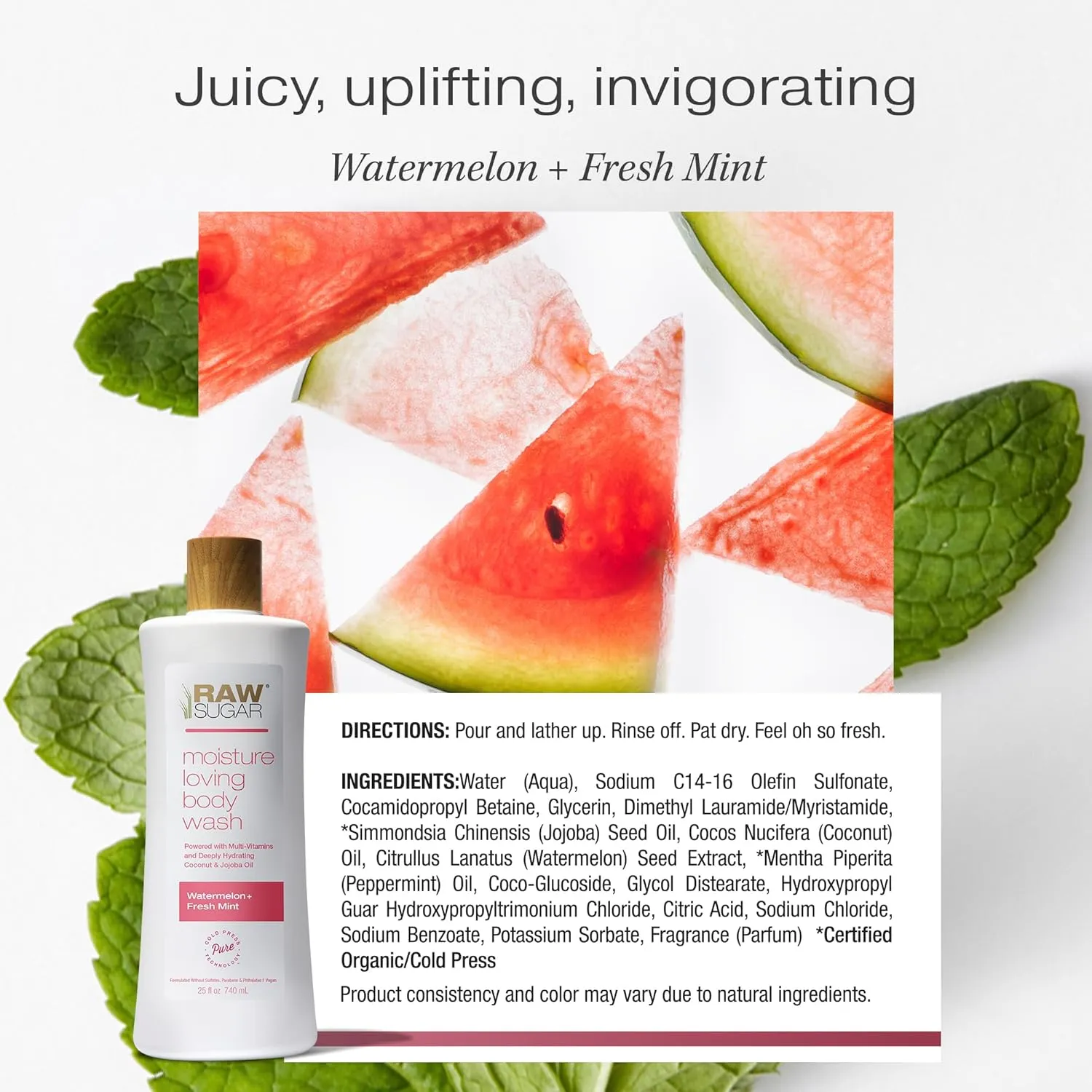 RAW SUGAR Moisture Loving Body Wash - Watermelon   Fresh Mint, Moisturizing & Refreshing Bath & Shower Gel, Sulfate-Free, Paraben-Free & Vegan (Pack of 3)