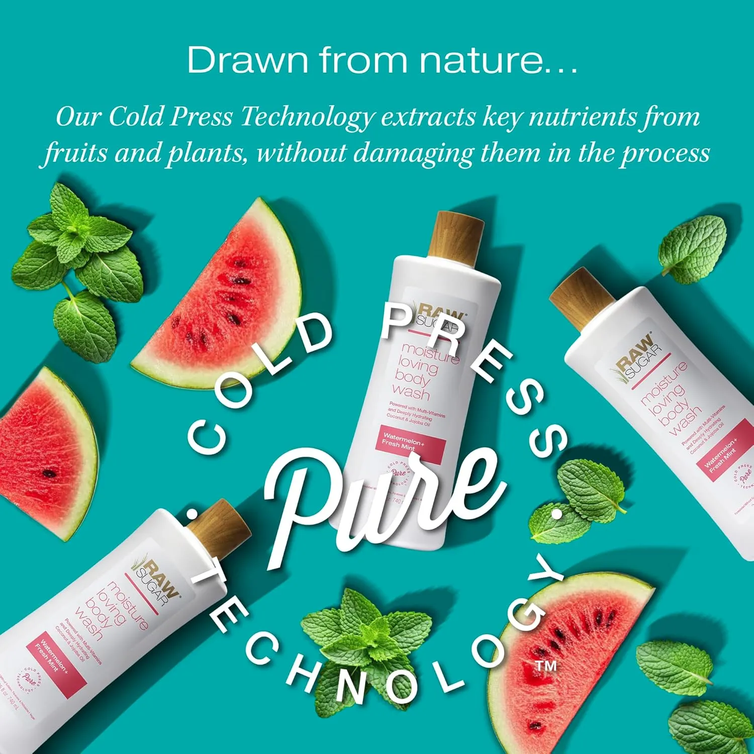 RAW SUGAR Moisture Loving Body Wash - Watermelon   Fresh Mint, Moisturizing & Refreshing Bath & Shower Gel, Sulfate-Free, Paraben-Free & Vegan (Pack of 3)