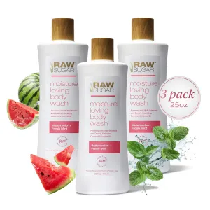 RAW SUGAR Moisture Loving Body Wash - Watermelon   Fresh Mint, Moisturizing & Refreshing Bath & Shower Gel, Sulfate-Free, Paraben-Free & Vegan (Pack of 3)