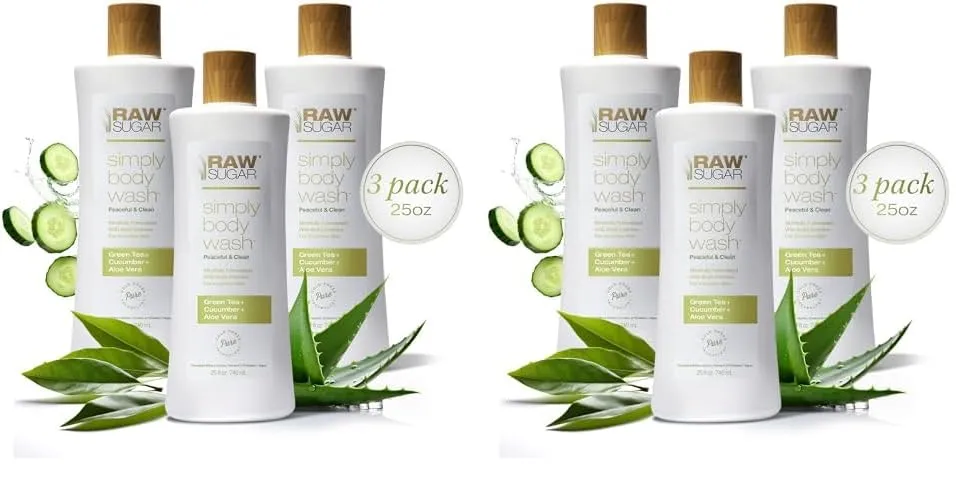 RAW SUGAR Sensitive Skin Simply Body Wash - Green Tea   Cucumber   Aloe Vera, Moisturizing & Brightening Bath & Shower Gel, Sulfate-Free, Paraben-Free & Vegan (Pack of 6)