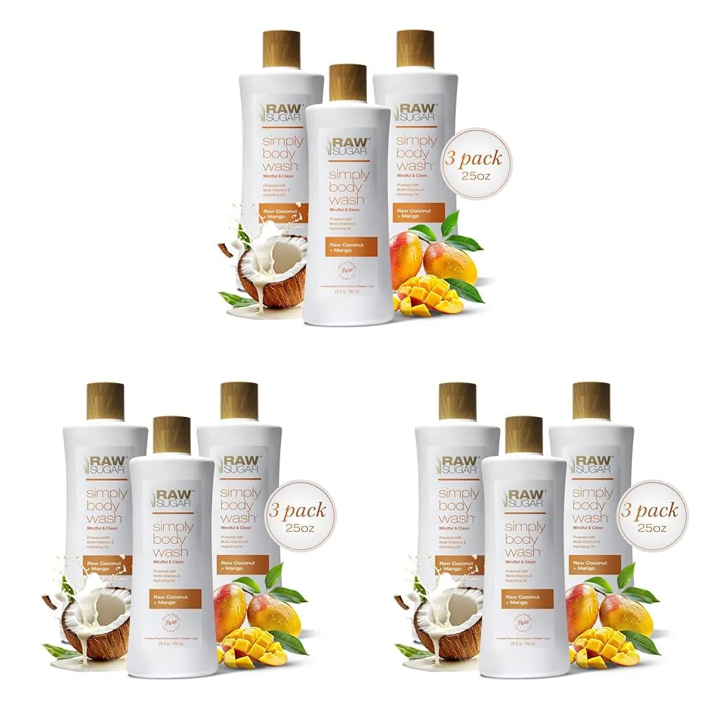 RAW SUGAR Simply Body Wash - Raw Coconut   Mango, Moisturizing & Soothing Bath & Shower Gel, Sulfate-Free, Paraben-Free & Vegan (Pack of 9)