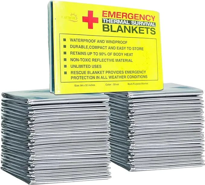 Rawyer (50 Pack) Emergency Thermal Survival Blankets, Mylar Blankets for Outdoor, Camping, Hiking, Survival in Harsh Weather, Large Silver Thermal Sheets, Heavy Duty Survival Gear (50, 84x52)