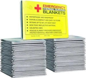 Rawyer (50 Pack) Emergency Thermal Survival Blankets, Mylar Blankets for Outdoor, Camping, Hiking, Survival in Harsh Weather, Large Silver Thermal Sheets, Heavy Duty Survival Gear (50, 84x52)