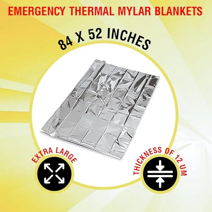 Rawyer (50 Pack) Emergency Thermal Survival Blankets, Mylar Blankets for Outdoor, Camping, Hiking, Survival in Harsh Weather, Large Silver Thermal Sheets, Heavy Duty Survival Gear (50, 84x52)