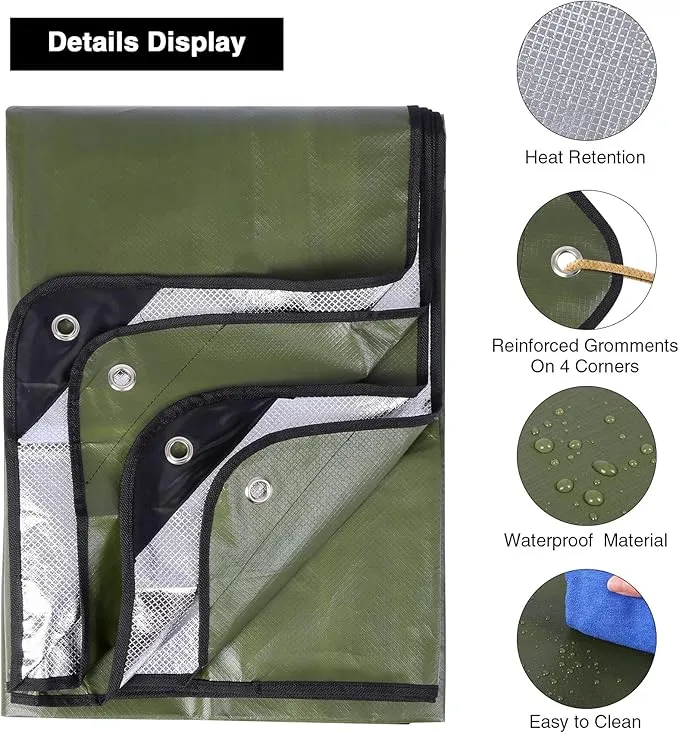RedSwing Heavy Duty Survival Blanket, Waterproof Emergency Thermal Tarp, Multipurpose Reflective Insulated All Weather Blankets for Camping Hiking, Green