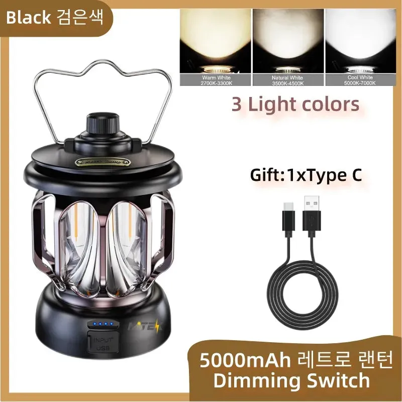 Retro Portable Camping Lantern - Rechargeable Dimmable LED Hanging Lamp