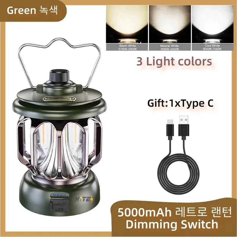 Retro Portable Camping Lantern - Rechargeable Dimmable LED Hanging Lamp