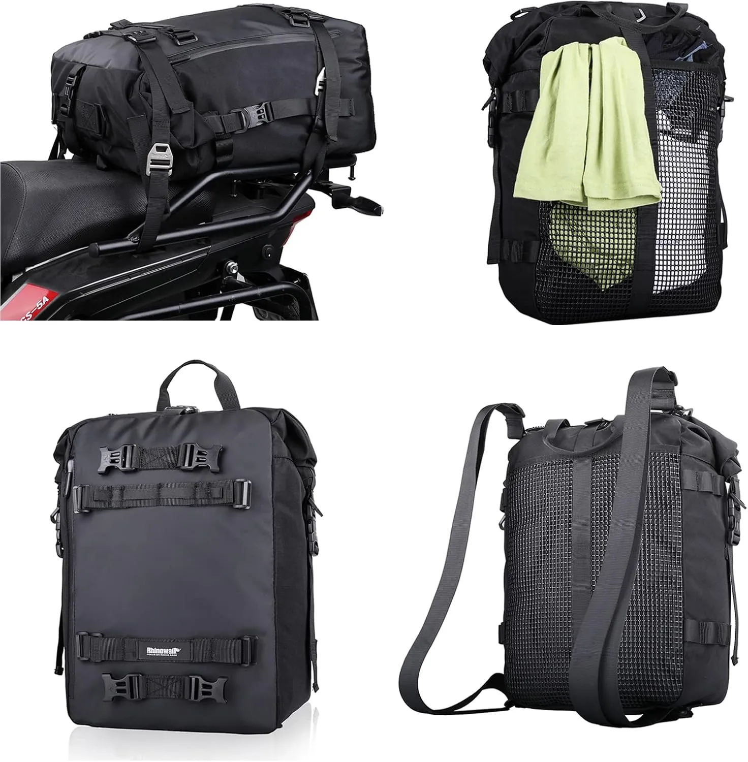 Rhinowalk Motor Saddle Bag Motorcycle Pannier Bag Waterproof Multifunctional Rear Rack Trunk Seat Bag (Black, 30L)