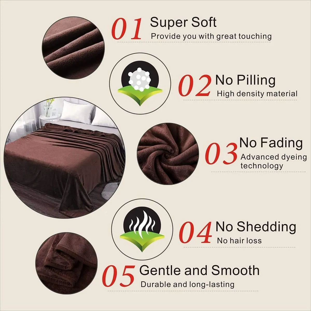 Richave Fleece Blanket King Size 350GSM Lightweight Throw for The Bed Warm Sofa Blanket 90" x 108"(Brown King)