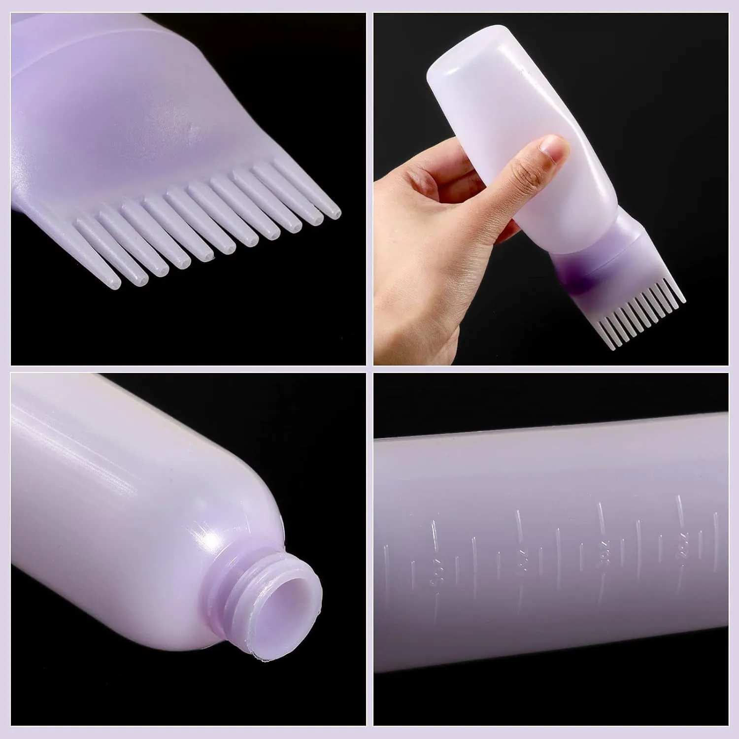 Root Comb Applicator Bottle 6 Ounce Oil Applicator for Hair Dye, 3 Pack Hair Oiling Bottle Brush with Graduated Scale (Pink, Purple, White)