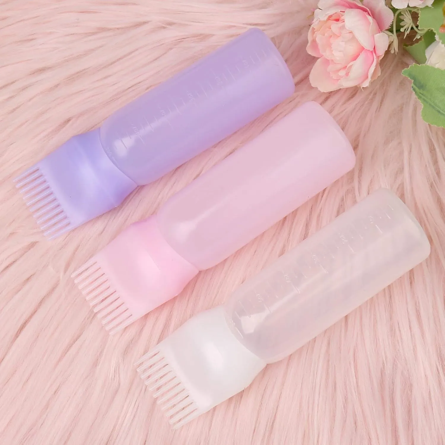 Root Comb Applicator Bottle 6 Ounce Oil Applicator for Hair Dye, 3 Pack Hair Oiling Bottle Brush with Graduated Scale (Pink, Purple, White)