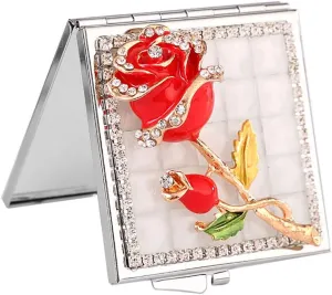 Rose Flower Square Pocket Mirror Fashion Accessories Travel Metal Rhinestone Compact Makeup Mirror for Women Girl