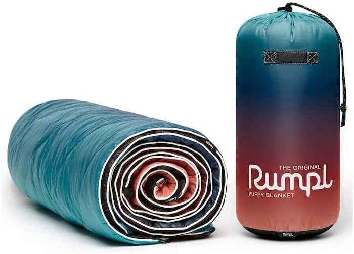 Rumpl Original Puffy Blanket - Warm Puffy Camping Blanket, 100% Recycled Polyester Insulation, Lightweight, Packable, Water-Resistant, Outdoor Puffer Blanket, 52"x75", V1, Arizona Fade