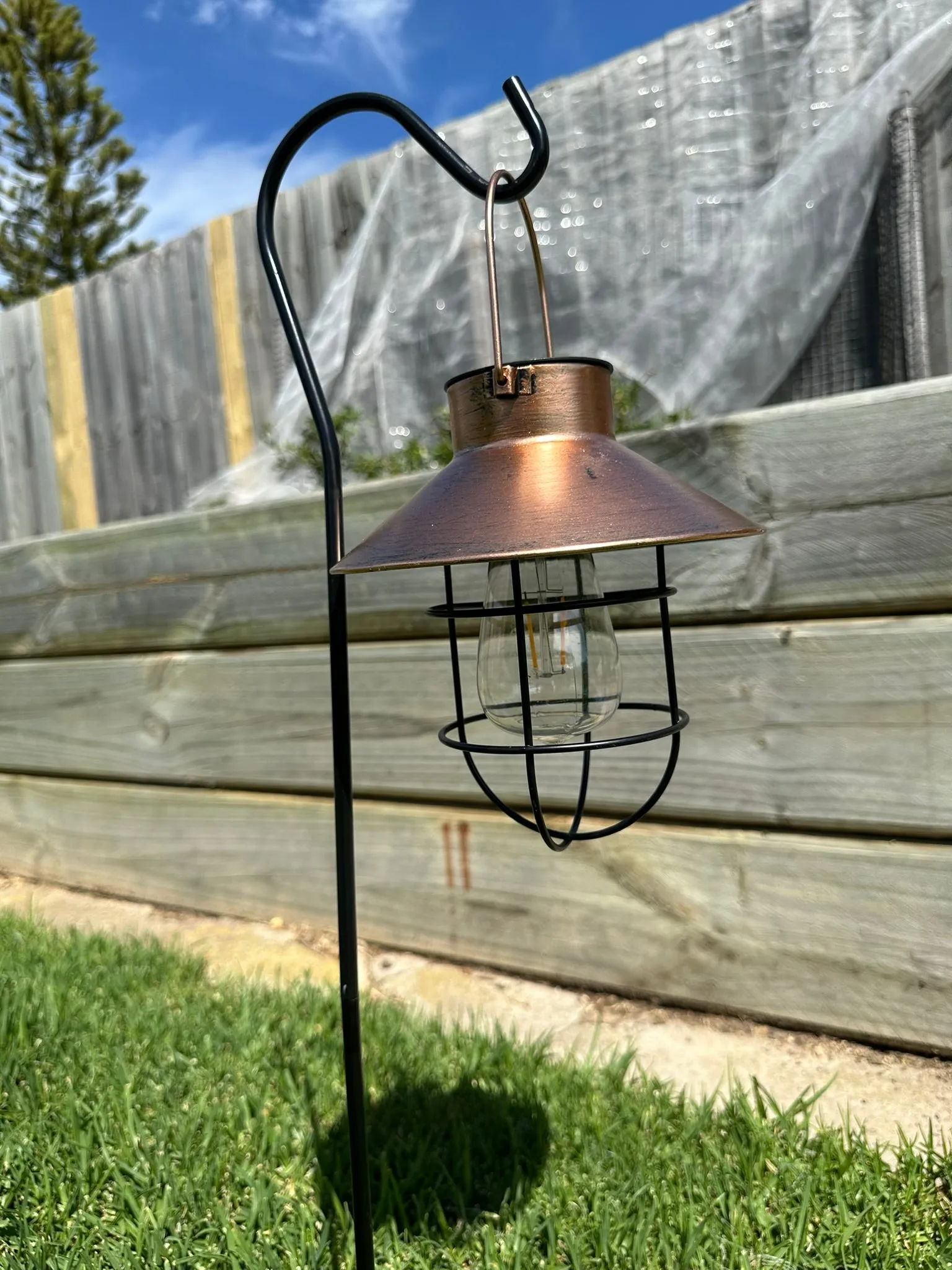 RUSTIC BRUSHED COPPER HANGING SOLAR LIGHT ON STAKE