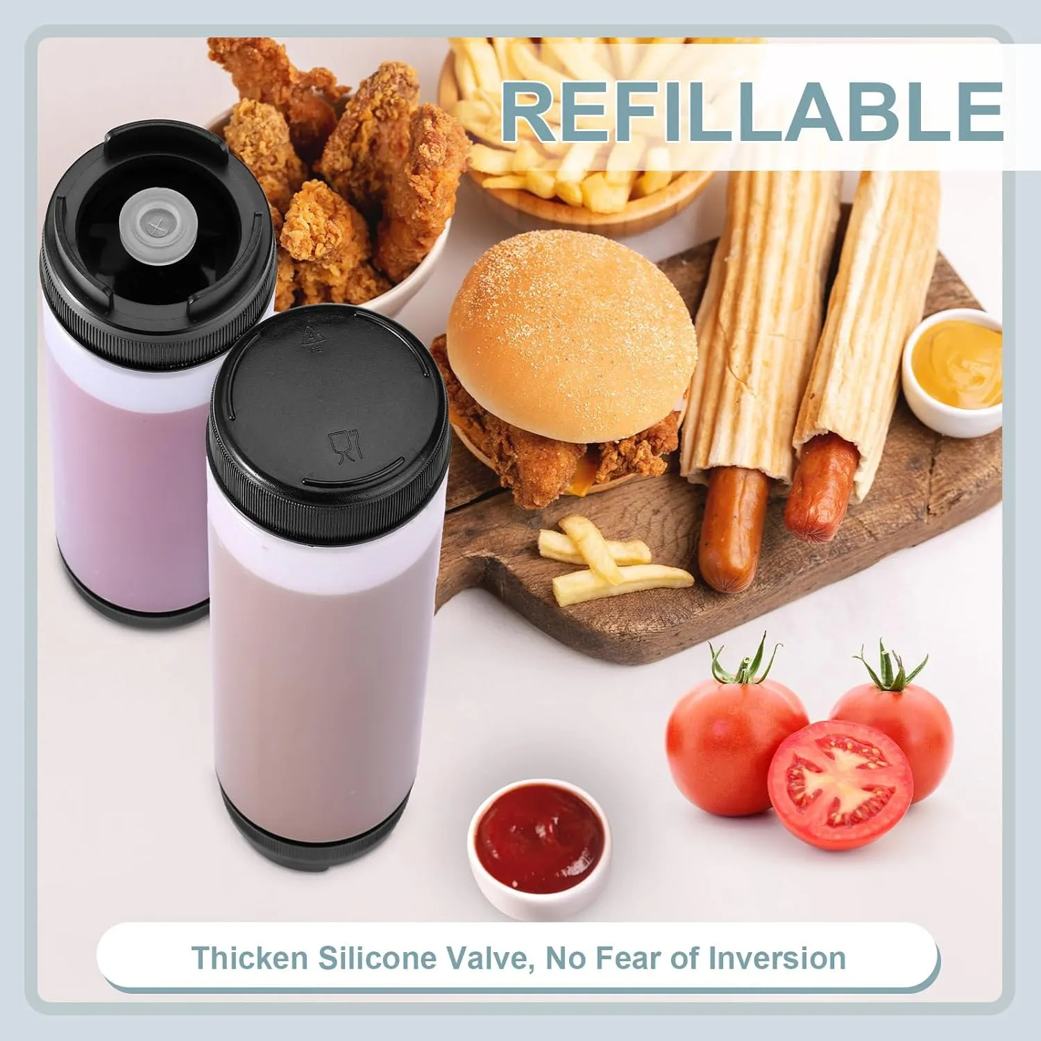 Sabary 6 Pcs 16 oz Condiment Squeeze Bottles Inverted Plastic Squeeze Bottle for Sauces Refillable Tip Large Valve Dispenser Ketchup Sour Cream Self Sealing Syrup Dispenser for Restaurants (Black)