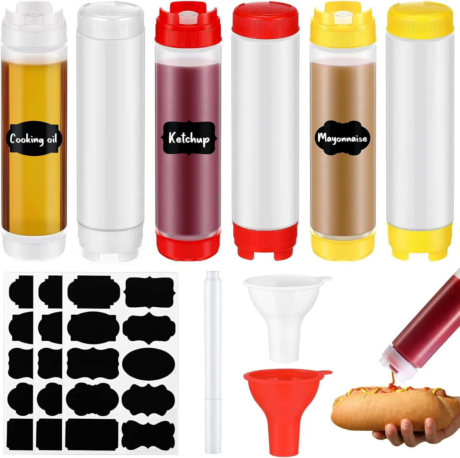 Sabary 6 Pcs 16oz Condiment Squeeze Bottles for Sauce Plastic Inverted Squeeze Bottles with Stickers and Funnel, Large Valve No Leak Refillable Ketchup Dispenser for Restaurant Kitchen Catering
