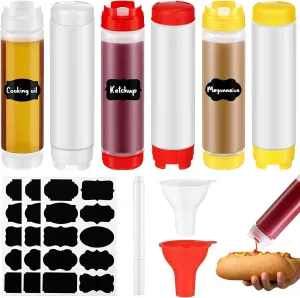 Sabary 6 Pcs 16oz Condiment Squeeze Bottles for Sauce Plastic Inverted Squeeze Bottles with Stickers and Funnel, Large Valve No Leak Refillable Ketchup Dispenser for Restaurant Kitchen Catering