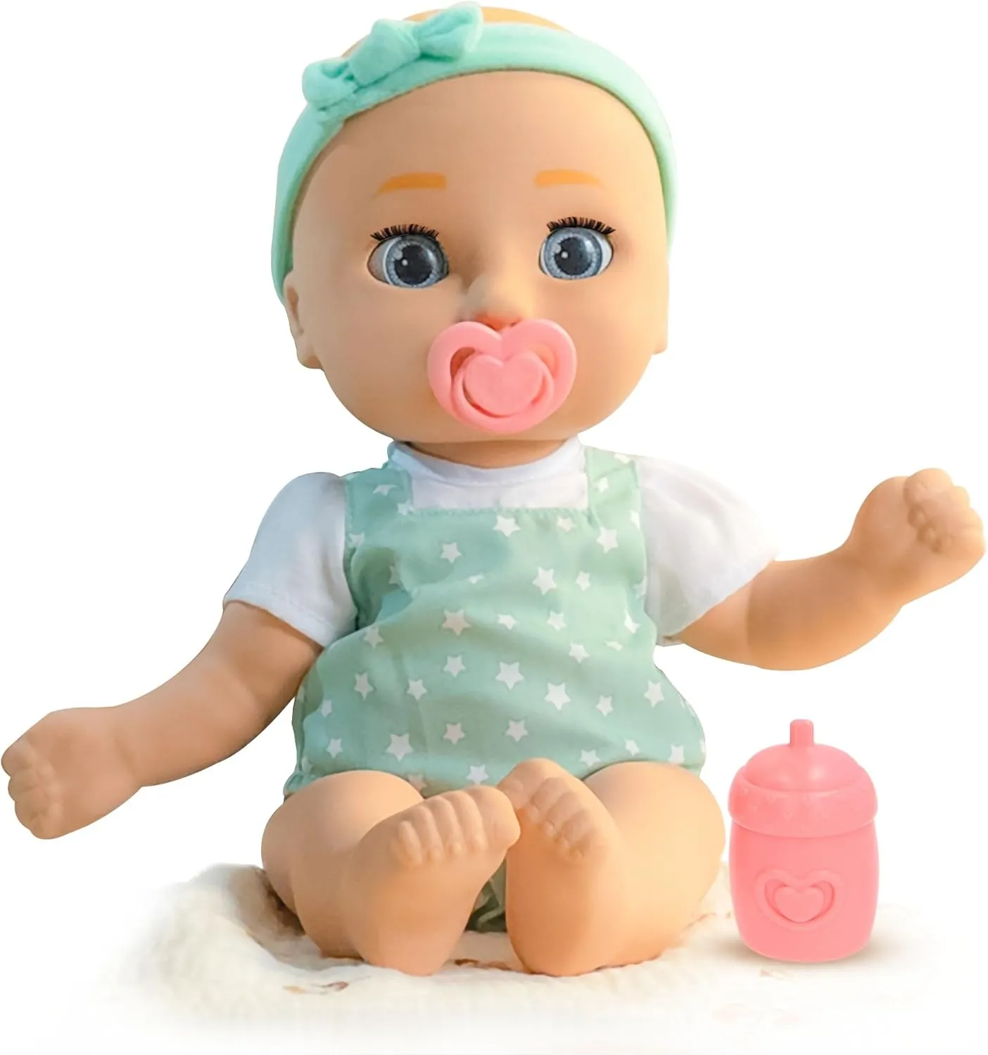 Sam 15" Realistic Soft Body Baby Doll with Open/Close Eyes with Bottle, Pacifier, Headband, & Mint Outfit, Ages 18M 