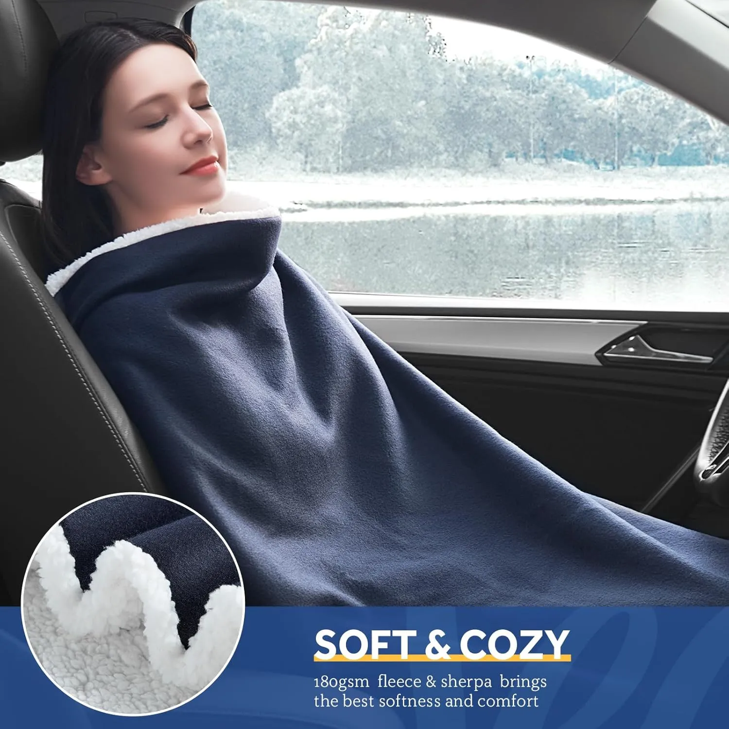 Sealy 12-Volt Heated Car Blanket, Portable Electric Blanket with 3 Heating Levels & 4 Hours Auto Off for Car, Truck, SUV, RV or Camping, Machine Washable, 59" X 43", Navy