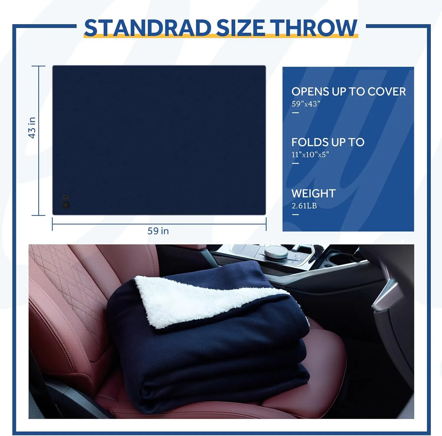 Sealy 12-Volt Heated Car Blanket, Portable Electric Blanket with 3 Heating Levels & 4 Hours Auto Off for Car, Truck, SUV, RV or Camping, Machine Washable, 59" X 43", Navy