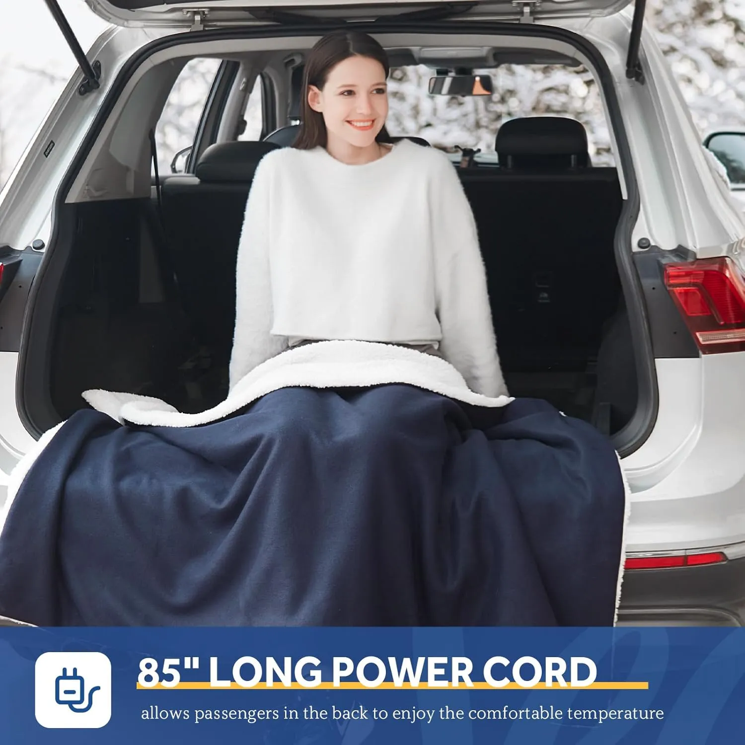Sealy 12-Volt Heated Car Blanket, Portable Electric Blanket with 3 Heating Levels & 4 Hours Auto Off for Car, Truck, SUV, RV or Camping, Machine Washable, 59" X 43", Navy