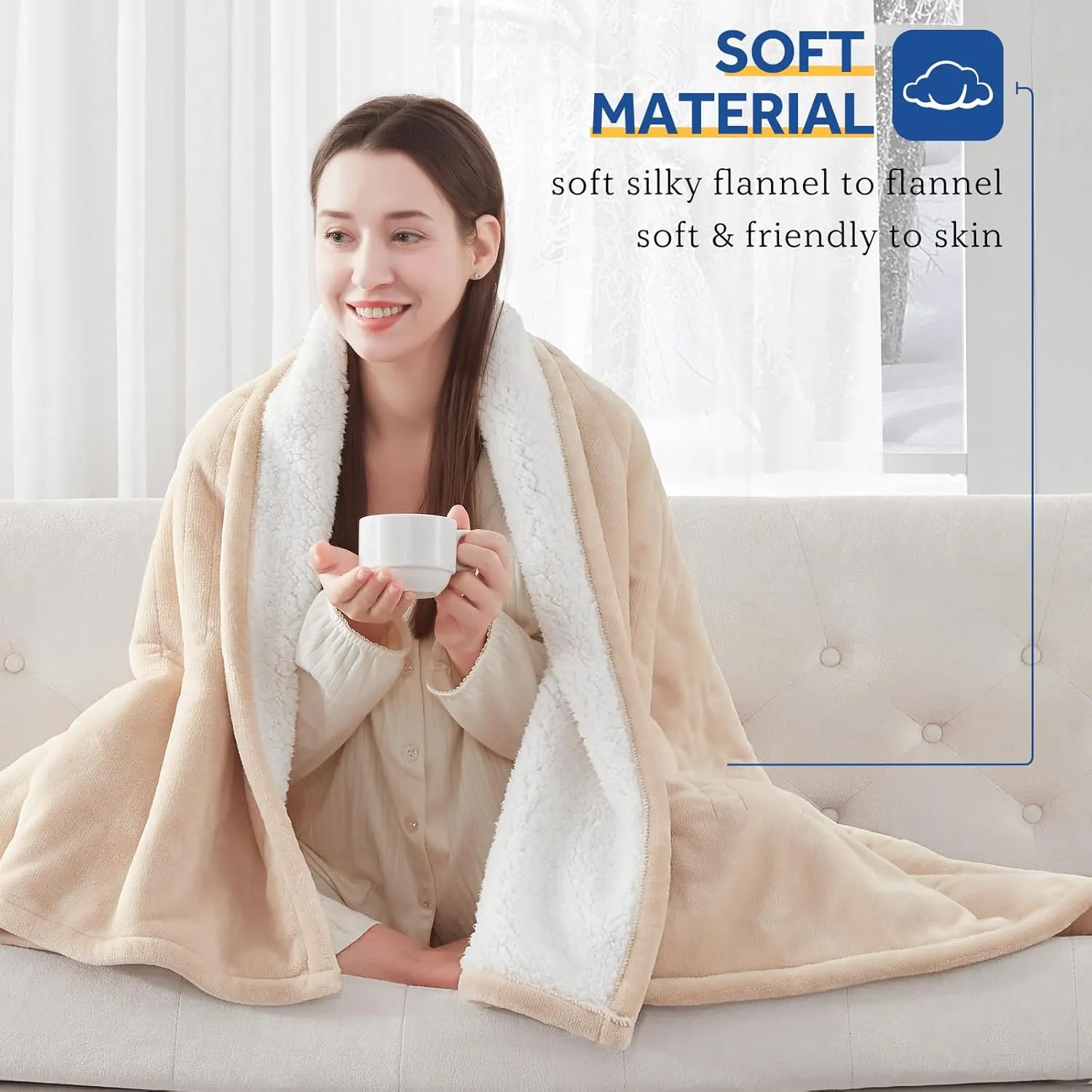 Sealy Electric Blanket Full Size, Heated Blanket Flannel & Sherpa, 10 Heating Levels, Auto Shut Off, Machine Washable, Beige, 80 x 84 Inch