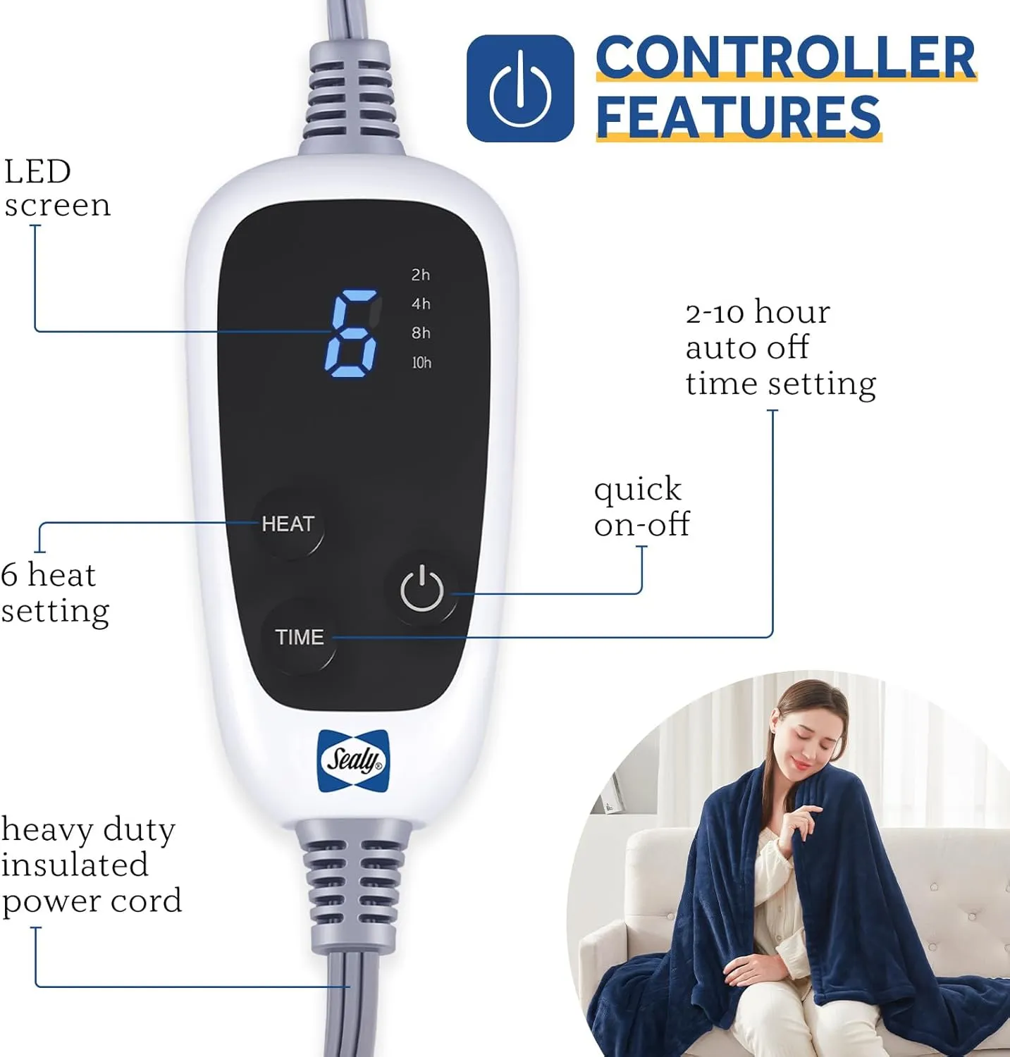 Sealy Electric Blanket Throw, Soft Flannel Heated Blanket with 6 Heat Settings & 2-10 Hours Auto Shut Off, Fast Heating & Machine Washable, 50x60 Inch, Navy