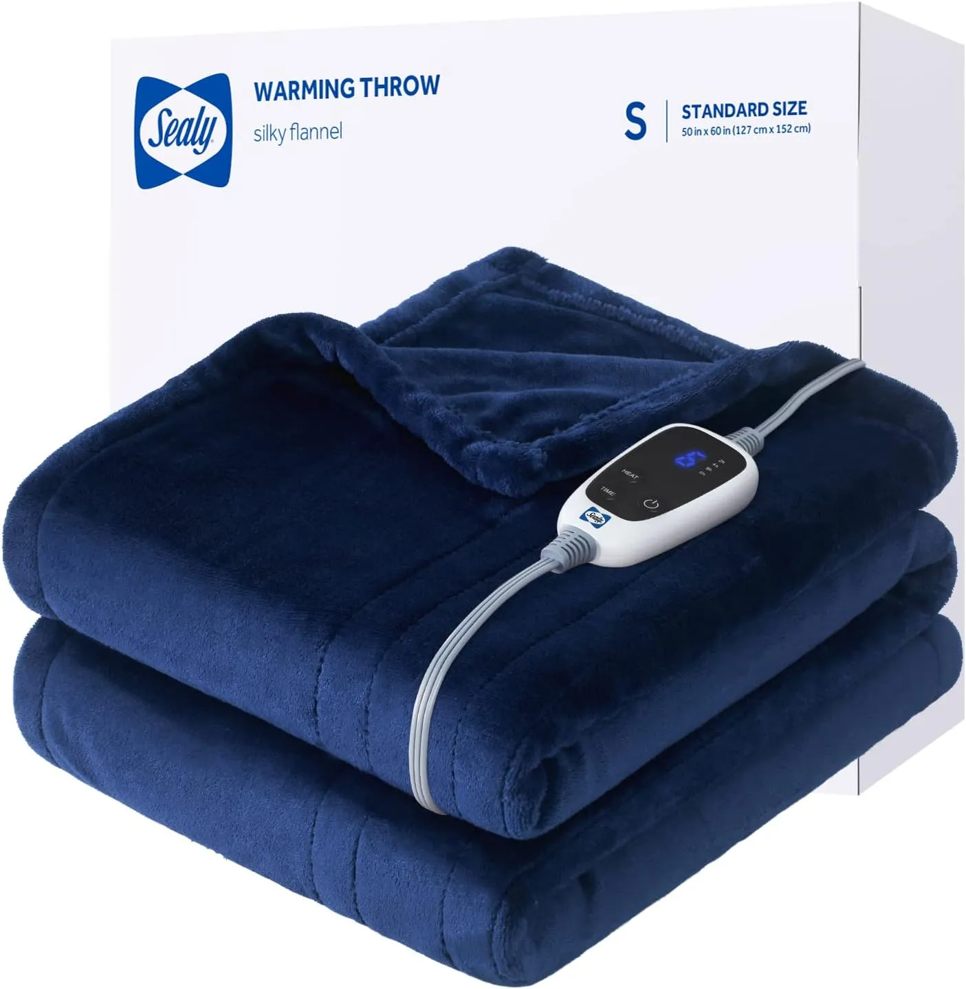 Sealy Electric Blanket Throw, Soft Flannel Heated Blanket with 6 Heat Settings & 2-10 Hours Auto Shut Off, Fast Heating & Machine Washable, 50x60 Inch, Navy