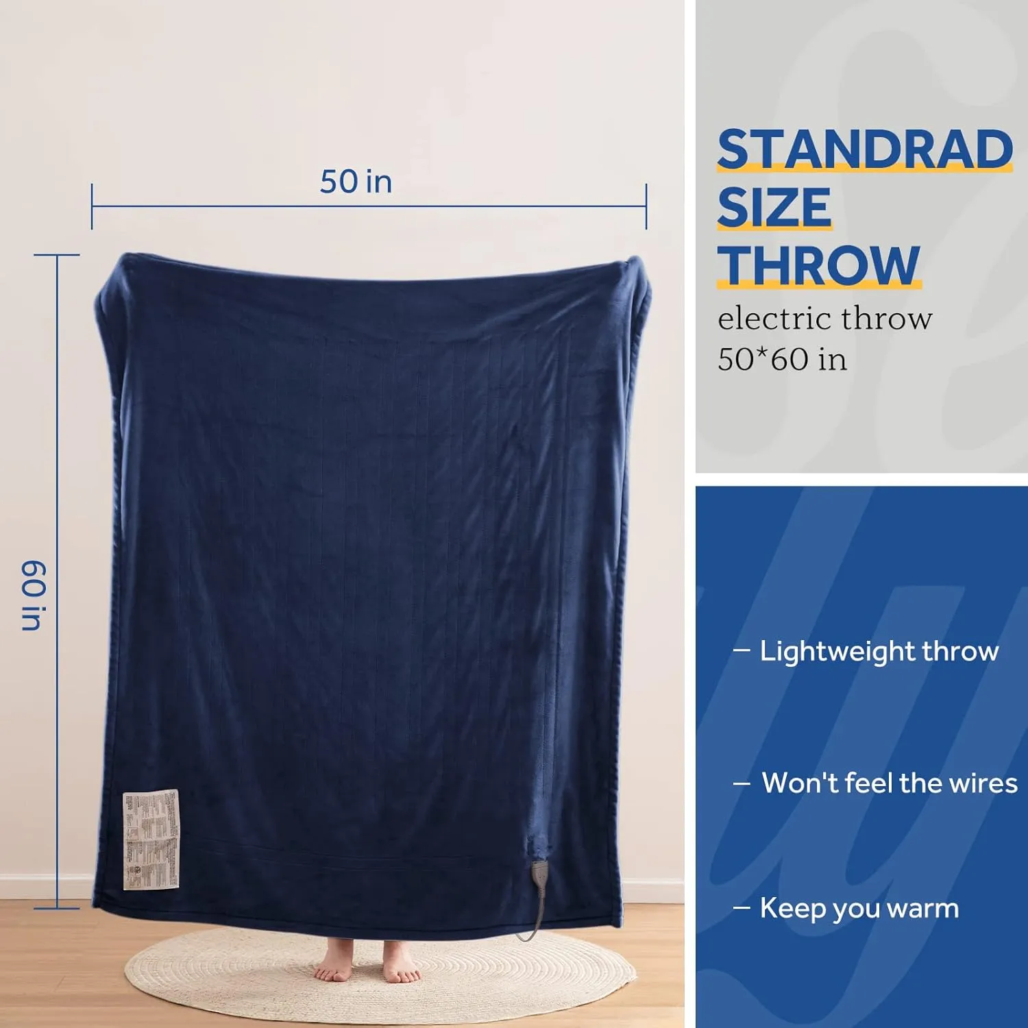 Sealy Electric Blanket Throw, Soft Flannel Heated Blanket with 6 Heat Settings & 2-10 Hours Auto Shut Off, Fast Heating & Machine Washable, 50x60 Inch, Navy