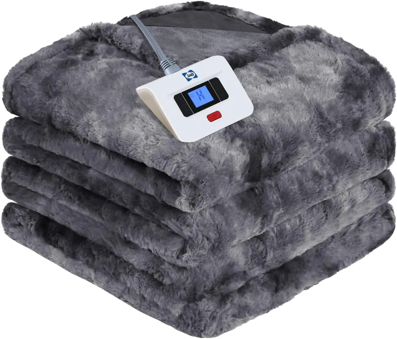 Sealy Electric Blanket Twin Size, Faux Fur & Flannel Fast Heated Blanket with 10 Heating Levels & 1-12 Hours Auto Off, Machine Washable, Grey, 62x 84 Inch