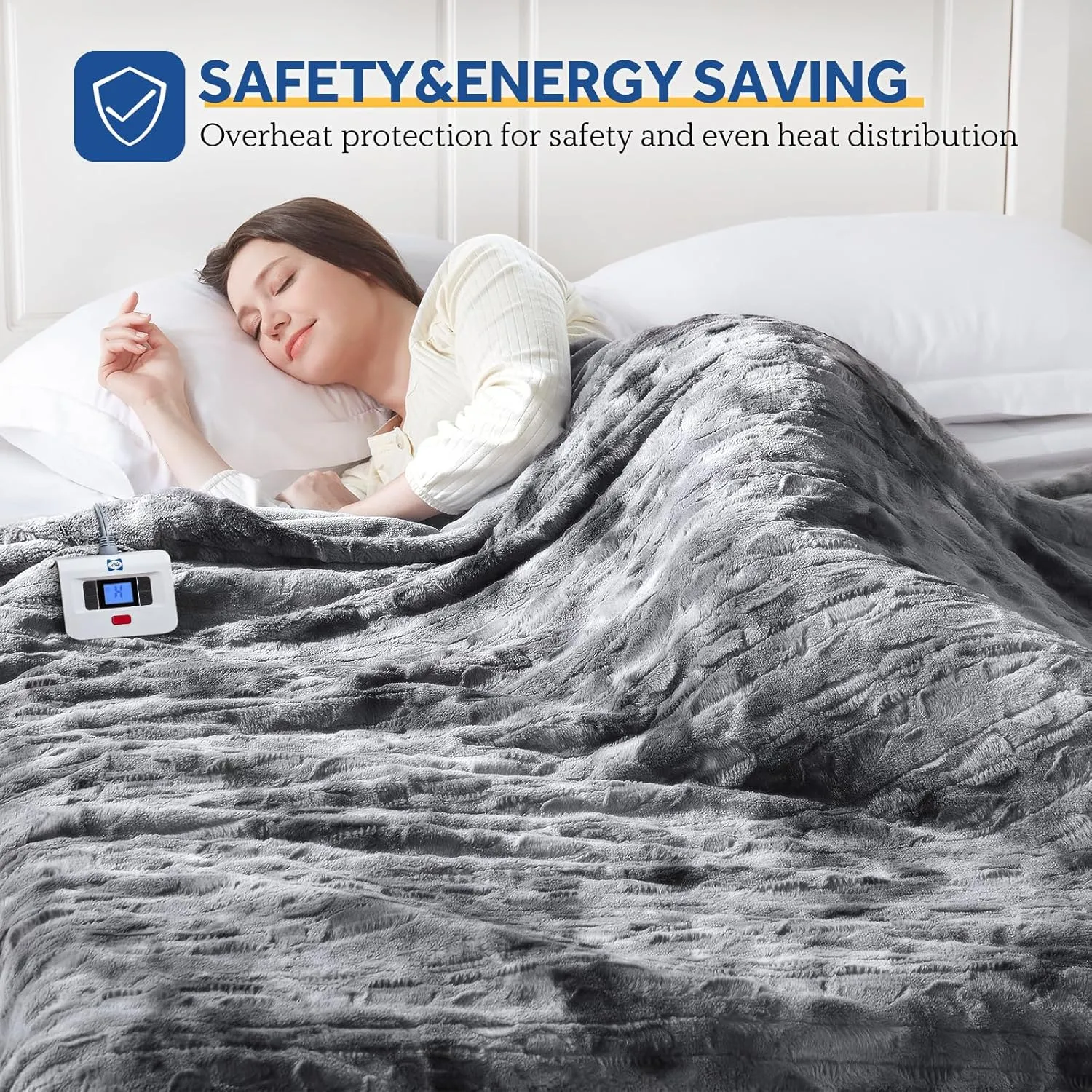 Sealy Electric Blanket Twin Size, Faux Fur & Flannel Fast Heated Blanket with 10 Heating Levels & 1-12 Hours Auto Off, Machine Washable, Grey, 62x 84 Inch