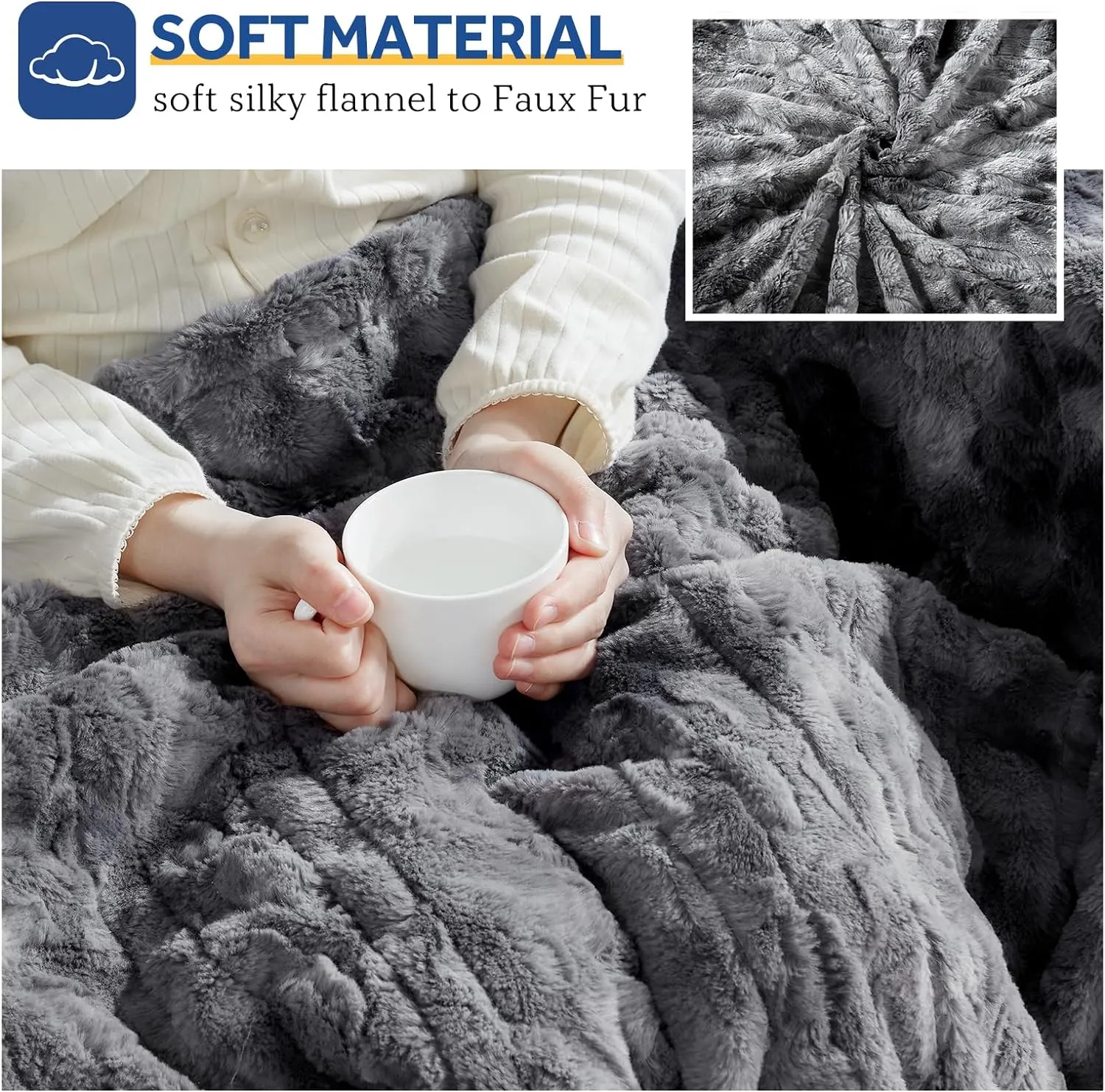 Sealy Electric Blanket Twin Size, Faux Fur & Flannel Fast Heated Blanket with 10 Heating Levels & 1-12 Hours Auto Off, Machine Washable, Grey, 62x 84 Inch