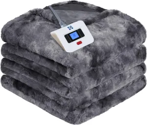 Sealy Electric Blanket Twin Size, Faux Fur & Flannel Fast Heated Blanket with 10 Heating Levels & 1-12 Hours Auto Off, Machine Washable, Grey, 62x 84 Inch