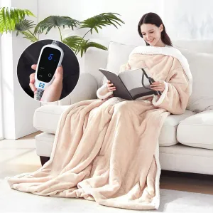 Sealy Electric Blanket Wearable with Foot Pocket, Electric Snuggle Blanket with Sleeves, Flannel & Sherpa Heating Throw with 6 Heat Settings & 2-10 Hours Auto Shut Off, 50 * 70" 18" Beige