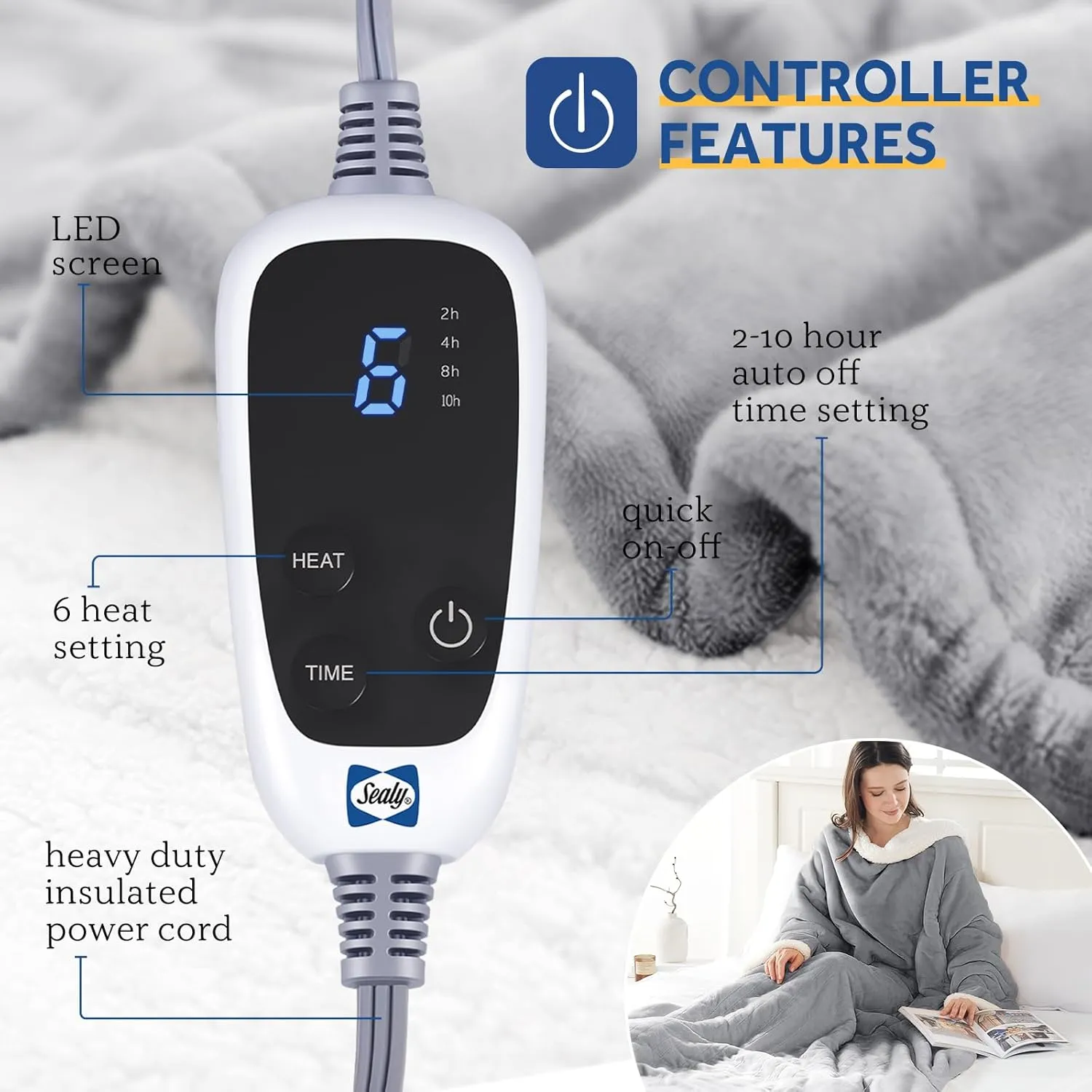 Sealy Electric Blanket Wearable with Foot Pocket, Electric Snuggle Blanket with Sleeves, Flannel & Sherpa Heating Throw with 6 Heat Settings & 2-10 Hours Auto Shut Off, 50 * 70" 18", Light Grey