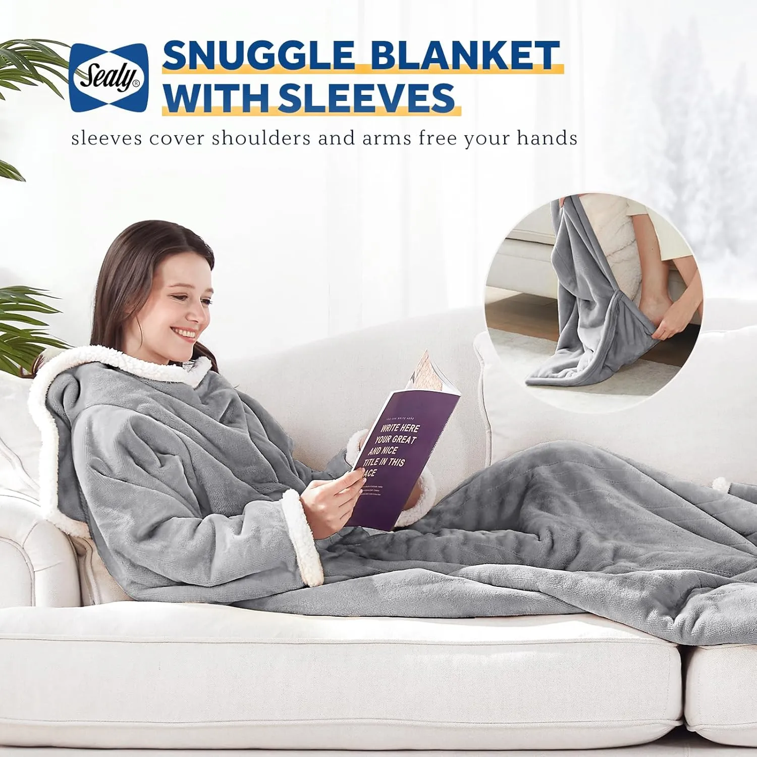 Sealy Electric Blanket Wearable with Foot Pocket, Electric Snuggle Blanket with Sleeves, Flannel & Sherpa Heating Throw with 6 Heat Settings & 2-10 Hours Auto Shut Off, 50 * 70" 18", Light Grey