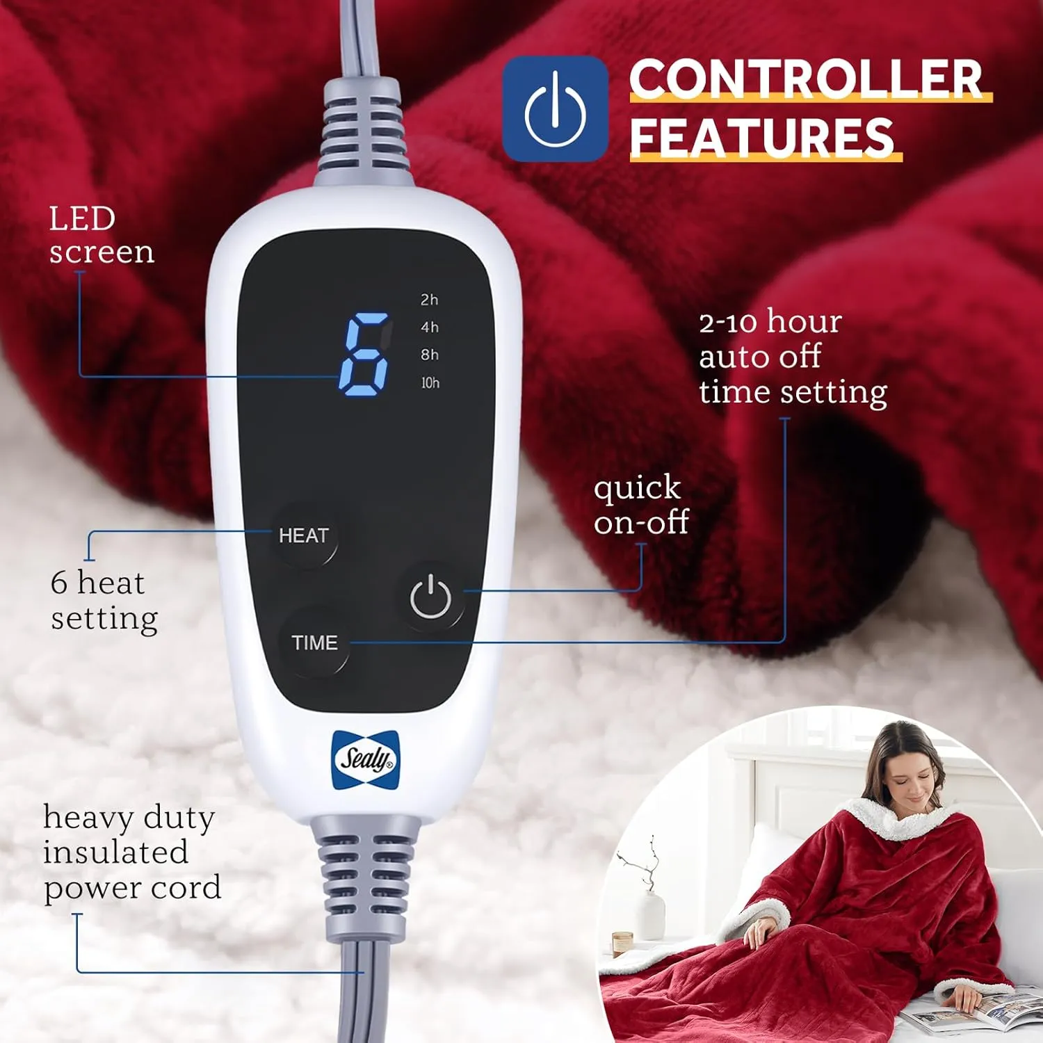Sealy Electric Blanket Wearable with Foot Pocket, Electric Snuggle Blanket with Sleeves, Flannel & Sherpa Heating Throw with 6 Heat Settings & 2-10 Hours Auto Shut Off, 50 * 70" 18", Red
