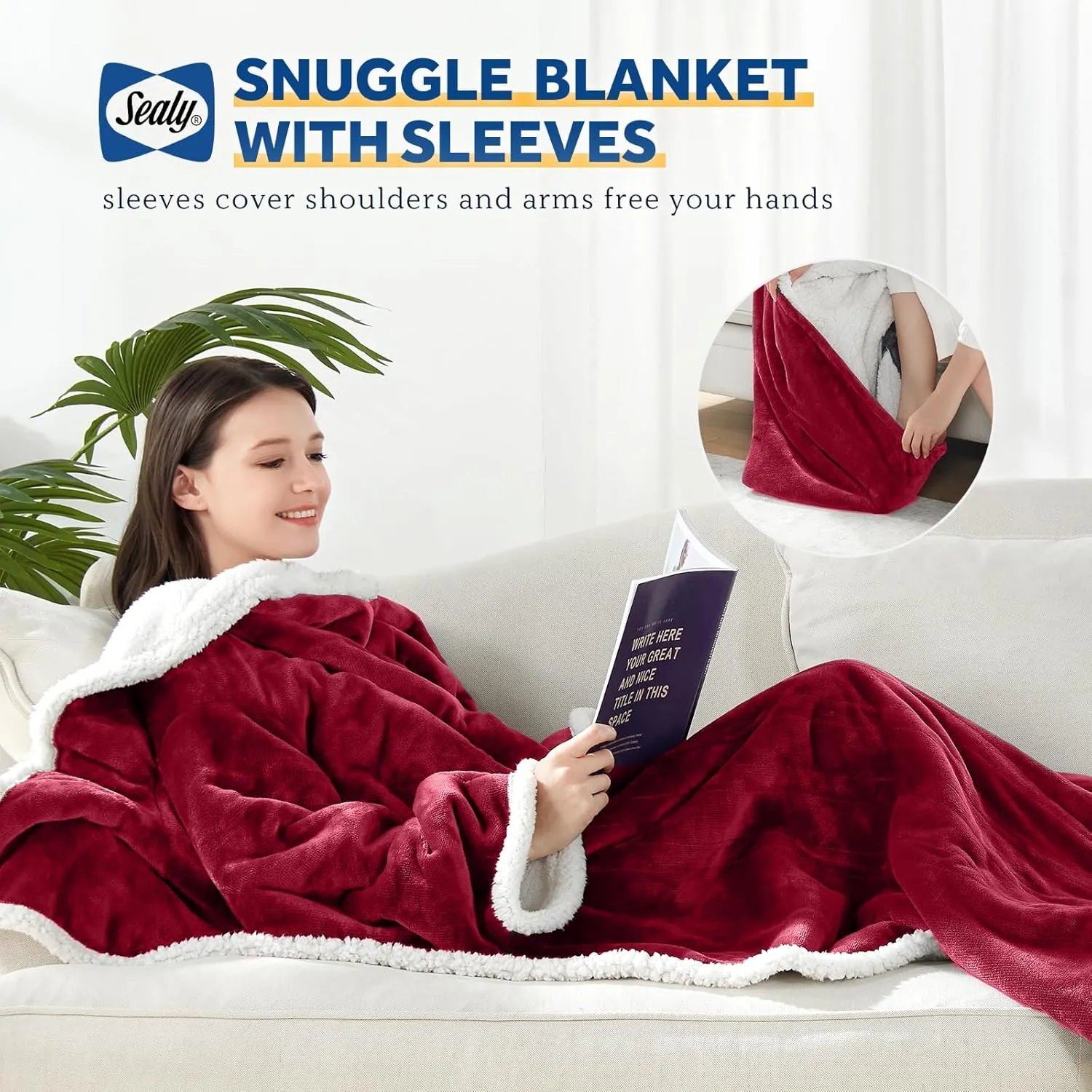 Sealy Electric Blanket Wearable with Foot Pocket, Electric Snuggle Blanket with Sleeves, Flannel & Sherpa Heating Throw with 6 Heat Settings & 2-10 Hours Auto Shut Off, 50 * 70" 18", Red