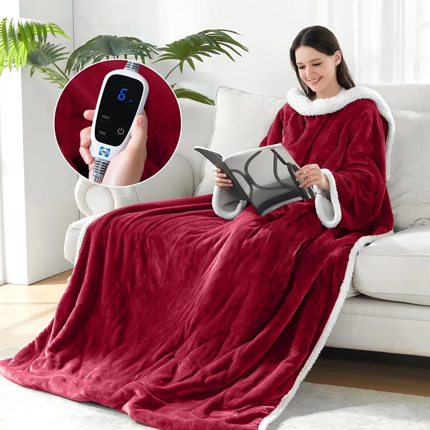 Sealy Electric Blanket Wearable with Foot Pocket, Electric Snuggle Blanket with Sleeves, Flannel & Sherpa Heating Throw with 6 Heat Settings & 2-10 Hours Auto Shut Off, 50 * 70" 18", Red