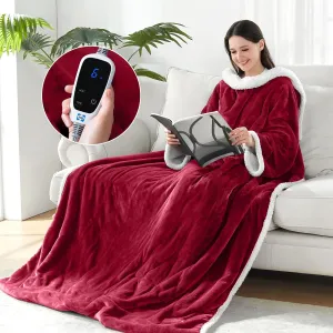 Sealy Electric Blanket Wearable with Foot Pocket, Electric Snuggle Blanket with Sleeves, Flannel & Sherpa Heating Throw with 6 Heat Settings & 2-10 Hours Auto Shut Off, 50 * 70" 18", Red
