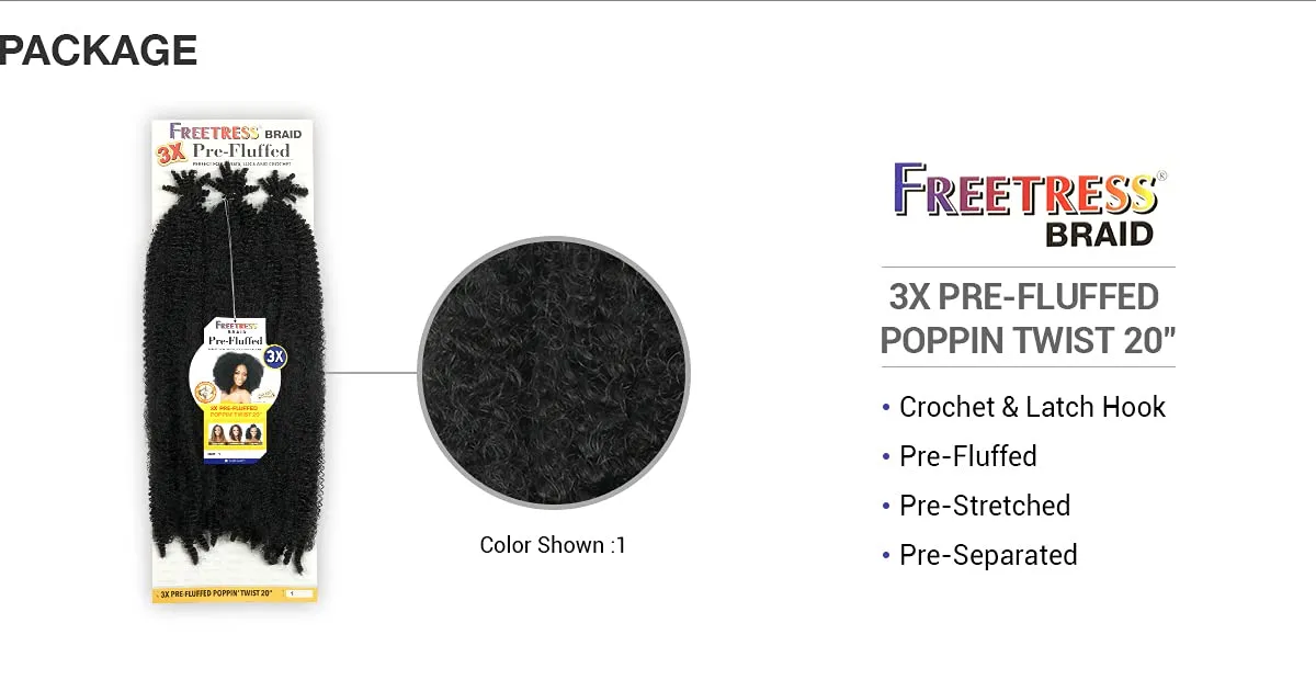 SHAKE N GO FreeTress Crochet Braids 3X Pre-Fluffed Poppin Twist 20 inch (3-PACK, 1)