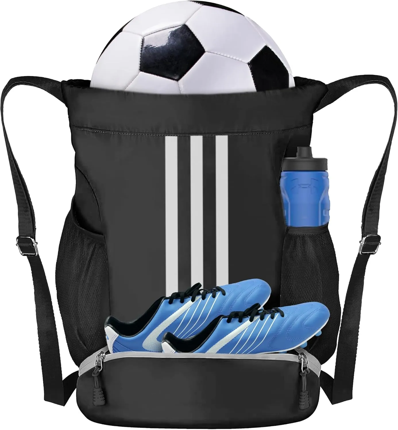Soccer Bag, Youth Soccer Basketball Bag with Compartments Drawstring Backpack for Football Volleyball Gym Training