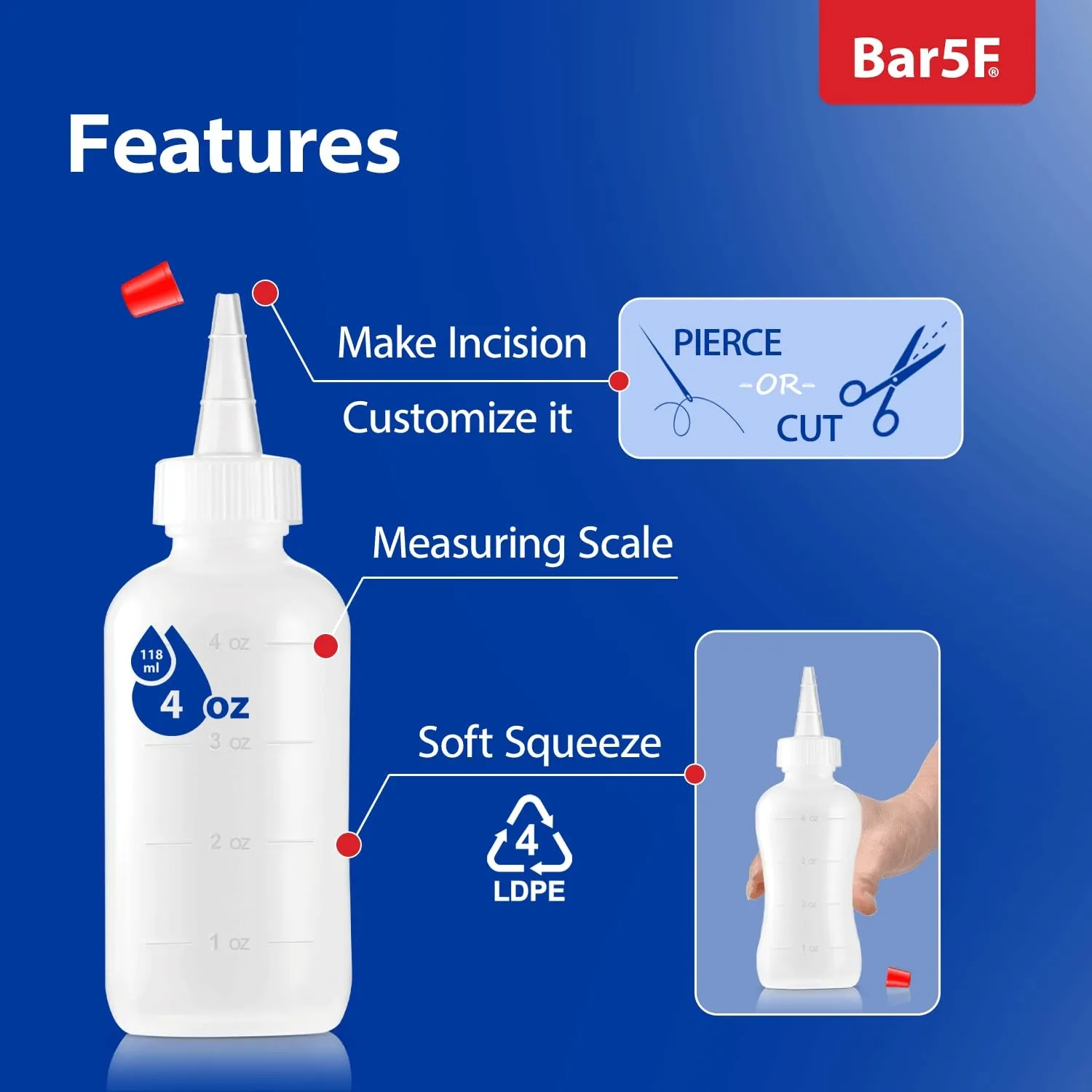 Soft Squeeze Hair Applicator Bottle for Hair Treatment, Scalp Oil, Root, Color, 4 Ounce Translucent with Measuring Scale and Cap, BPA Free, 2 Pack