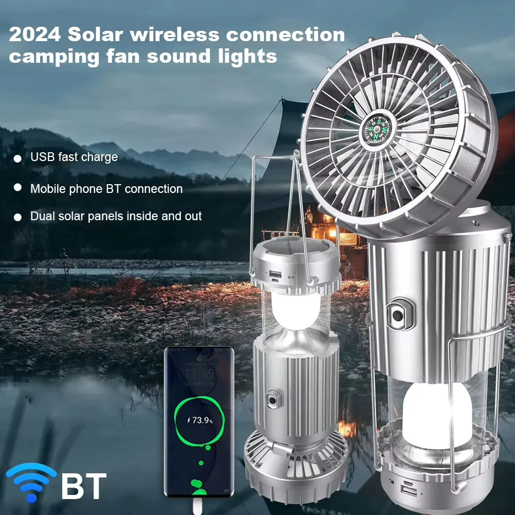Solar Camping Lantern with Fan USB Rechargeable Camping Fan with Lantern for Camping Tent Hurricanes Power Outages Storm